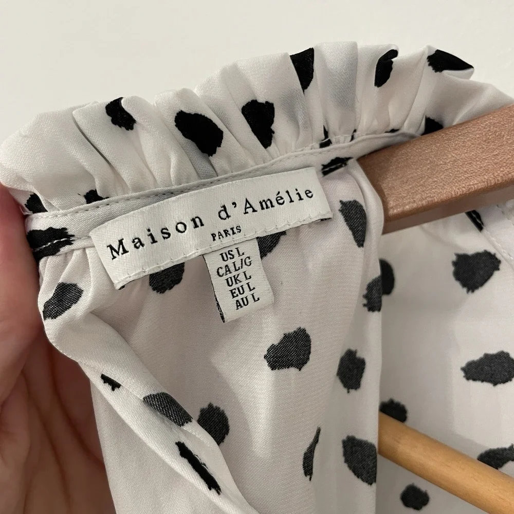 Maison d'Amélie Paris Dalmatian Dot Blouse Large Ruffle Mock Neck Smocked Cuff L - Picture 16 of 16